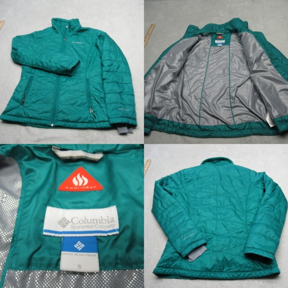 Columbia Puffer Jacket‎ Womens Small Green Plaid Omni-Heat Quilted Insulated